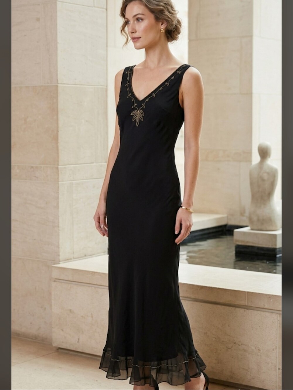 Vintage Robbie Bee Black Sleeveless V-Neck Maxi Dress with Beaded Detail